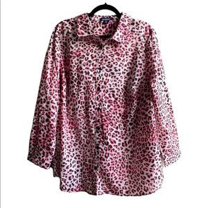 Roaman’s Long Sleeve Button Down Leopard Pink Blouse